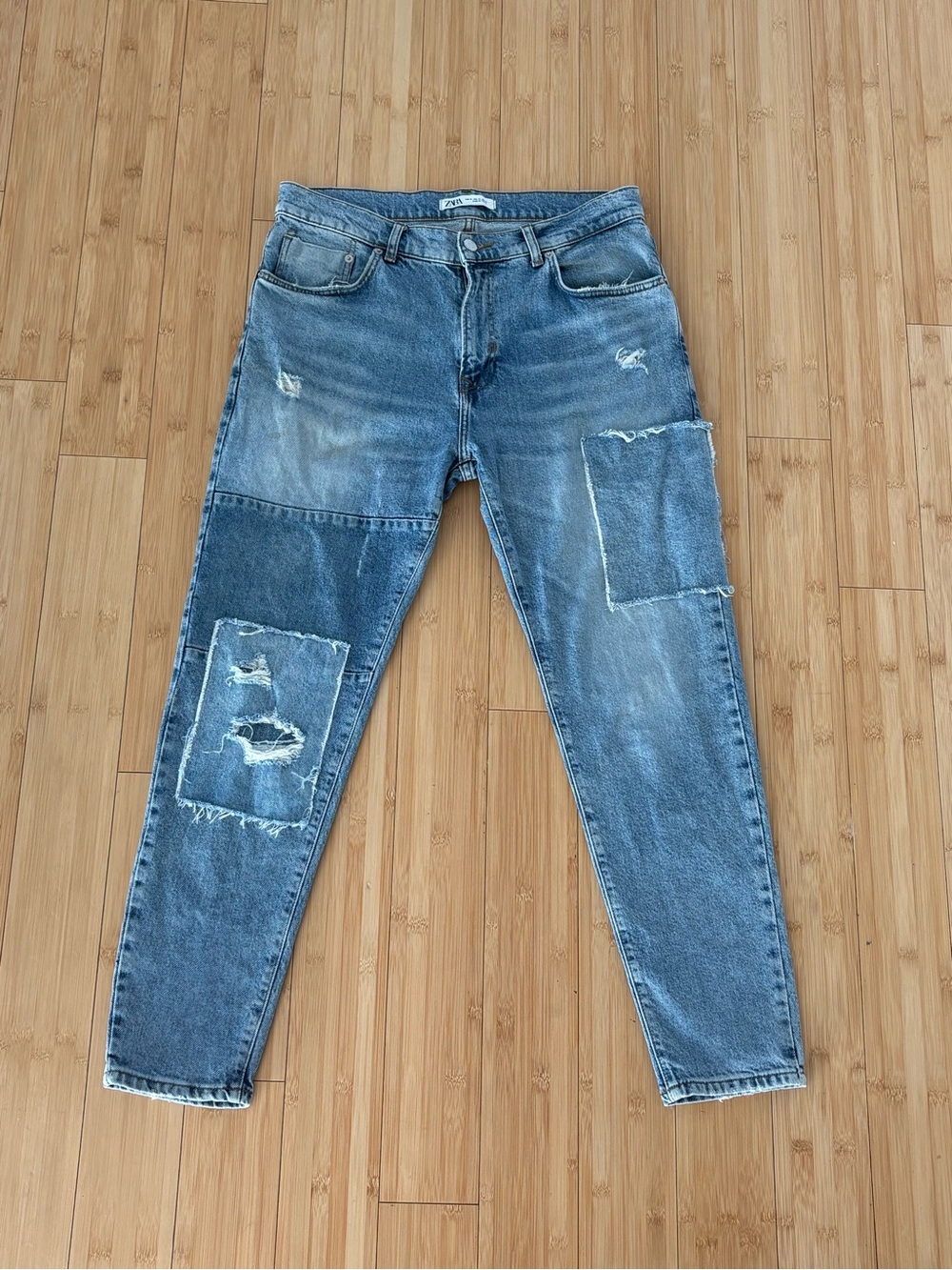 Men’s Zara Man Blue Japanese Denim Patchwork Jeans Size 34x32 Slim Straight Fit